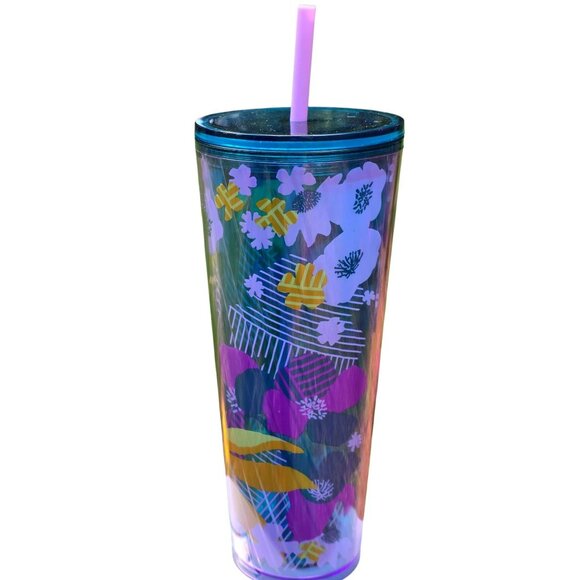 2022 Starbucks Floral Tumbler Cold Coffee Cup Straw Blue Tropical Flowers 24 Oz - Picture 3 of 8